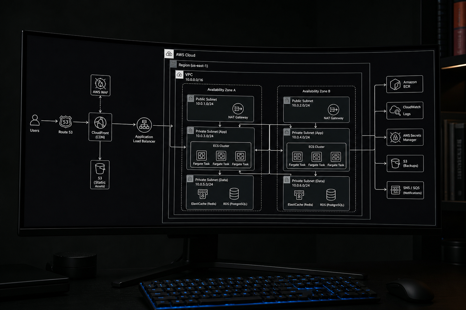 Computer systems architecture diagram displayed on a large monitor — OPSENSE engineering workspace